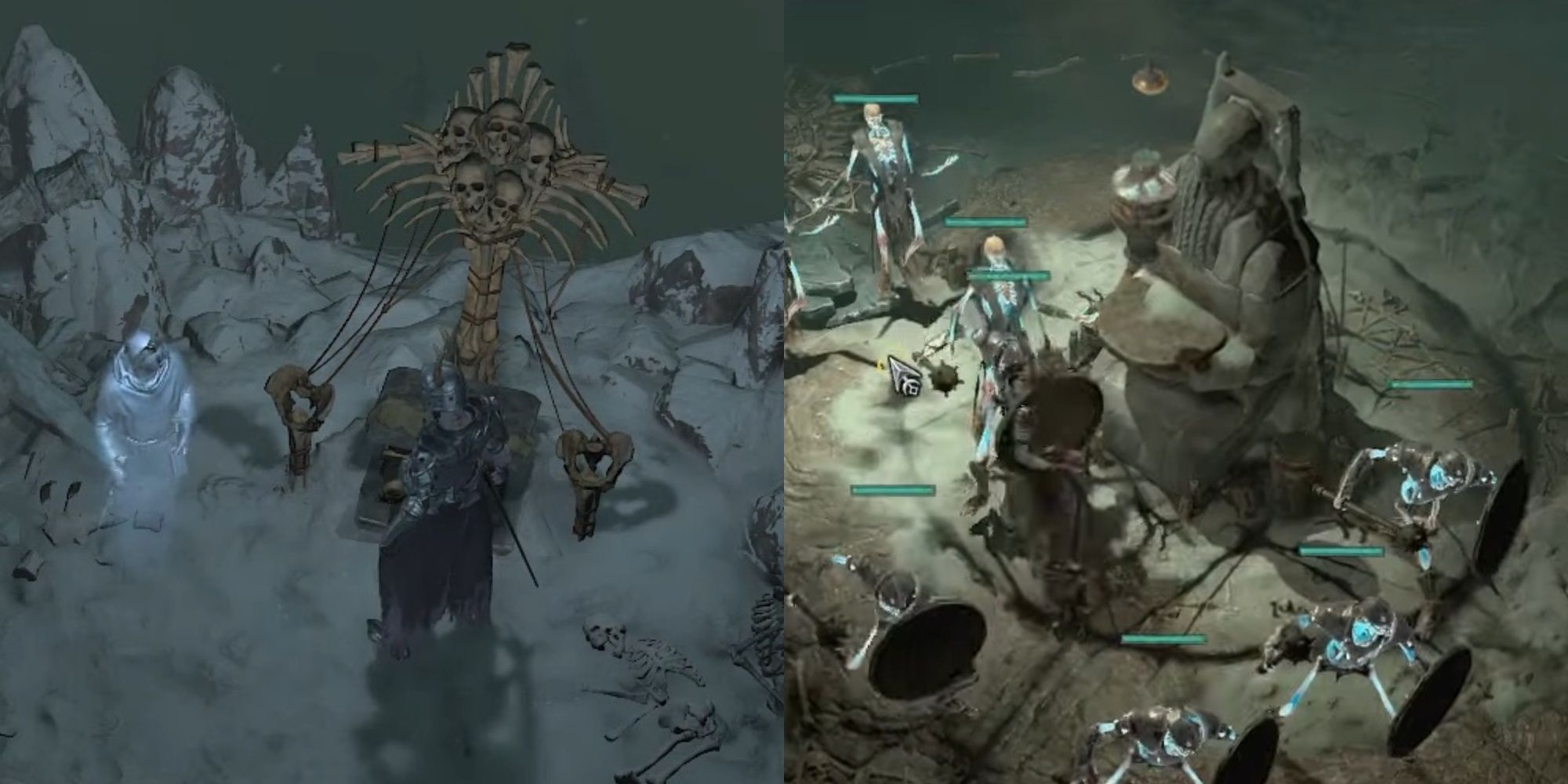 The two shrines players will interact with during the Necromancer Quest Call of the Underworld in Diablo 4