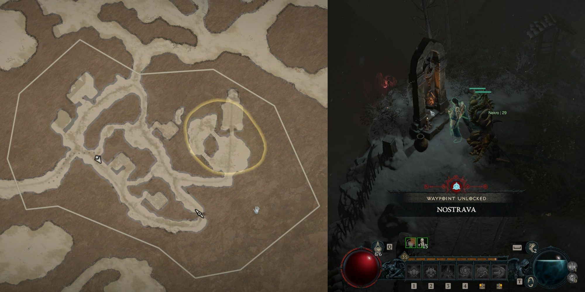 A map of the Nostrava stronghold alongside the Wanderer's Shrine in Diablo 4