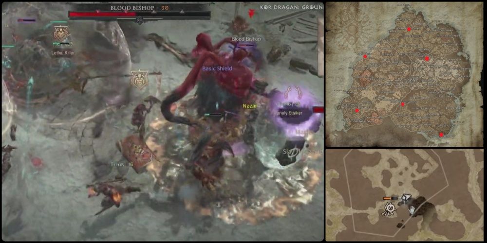 A screenshot of a legion Gathering event in progress from Diablo 4 alongside the map marker for legion events and a map of sanctuary