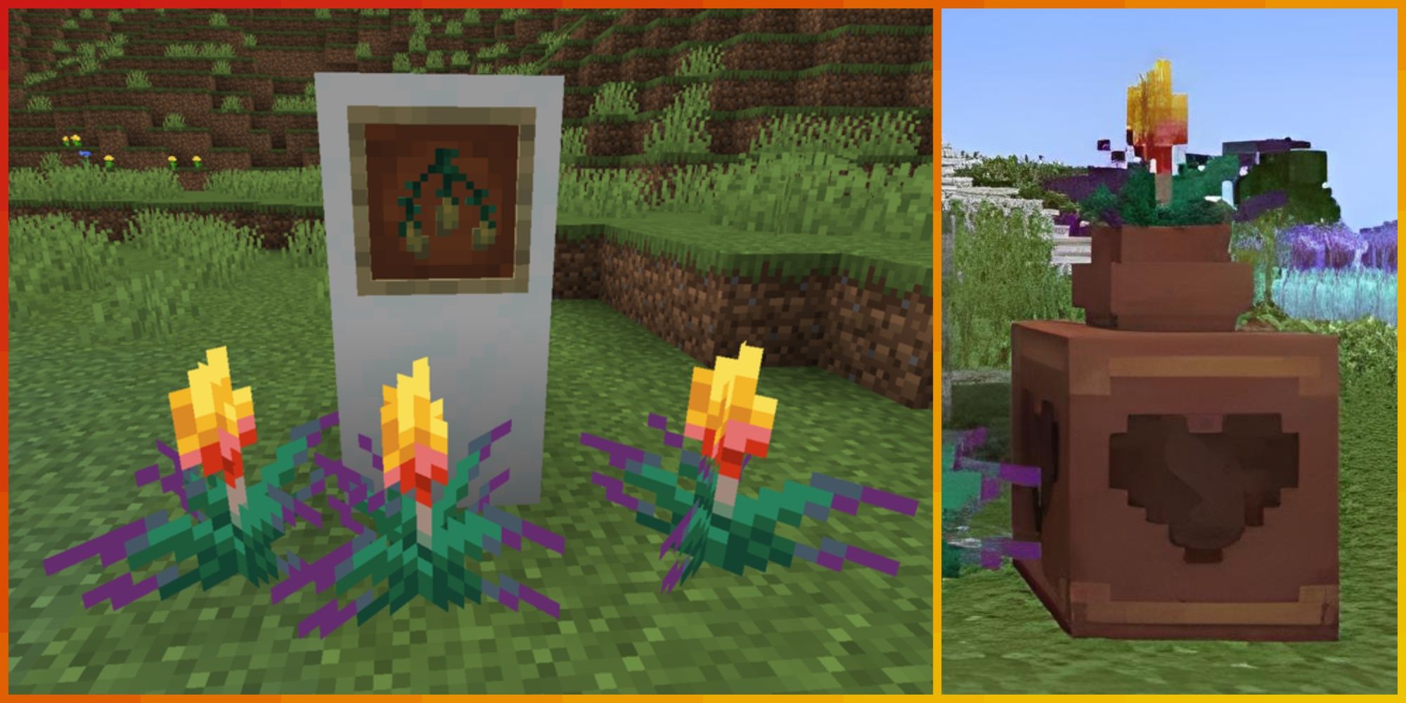 a trio of torchflowers in front of a seed next to a torchflower in a decorative pot