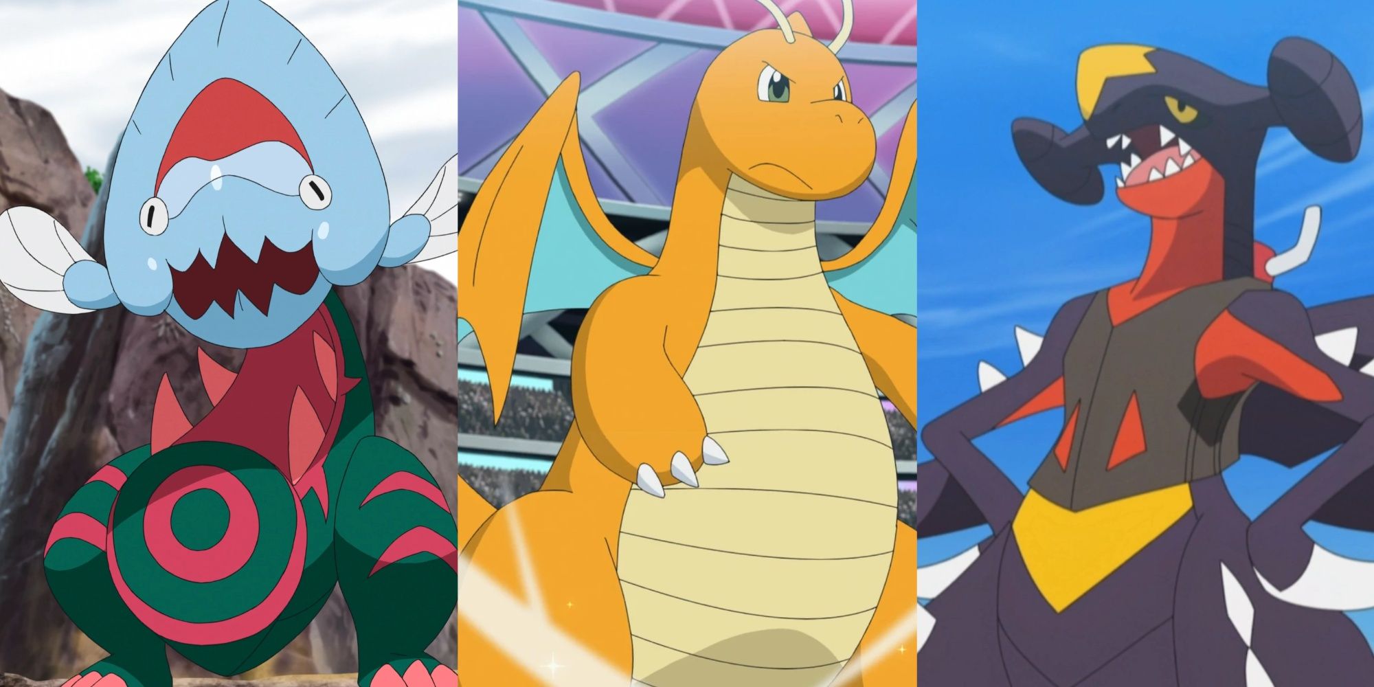 Pokemon split image Dracovish, Dragonite and Garchomp in battle in the anime