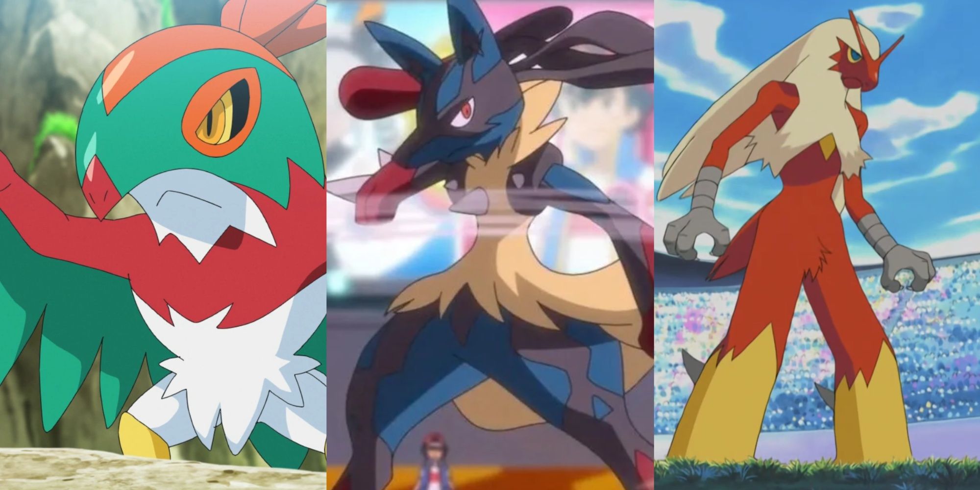 Split image Hawlucha, Mega Lucario, and Blaziken in battle in the Pokemon anime