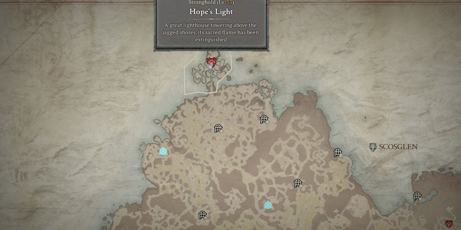 The player looks at the Hope's Light Stronghold Location on the map.
