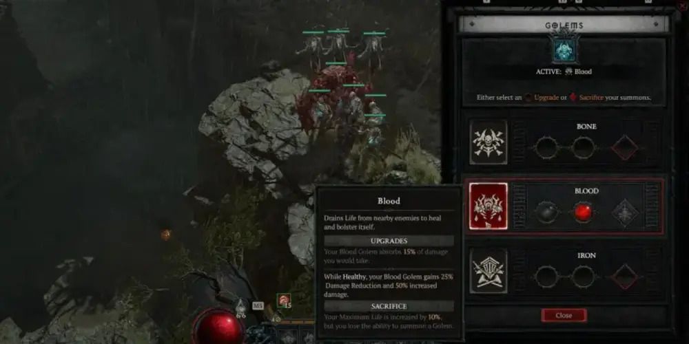 A screenshot of the Necromancer's golem options from Diablo 4