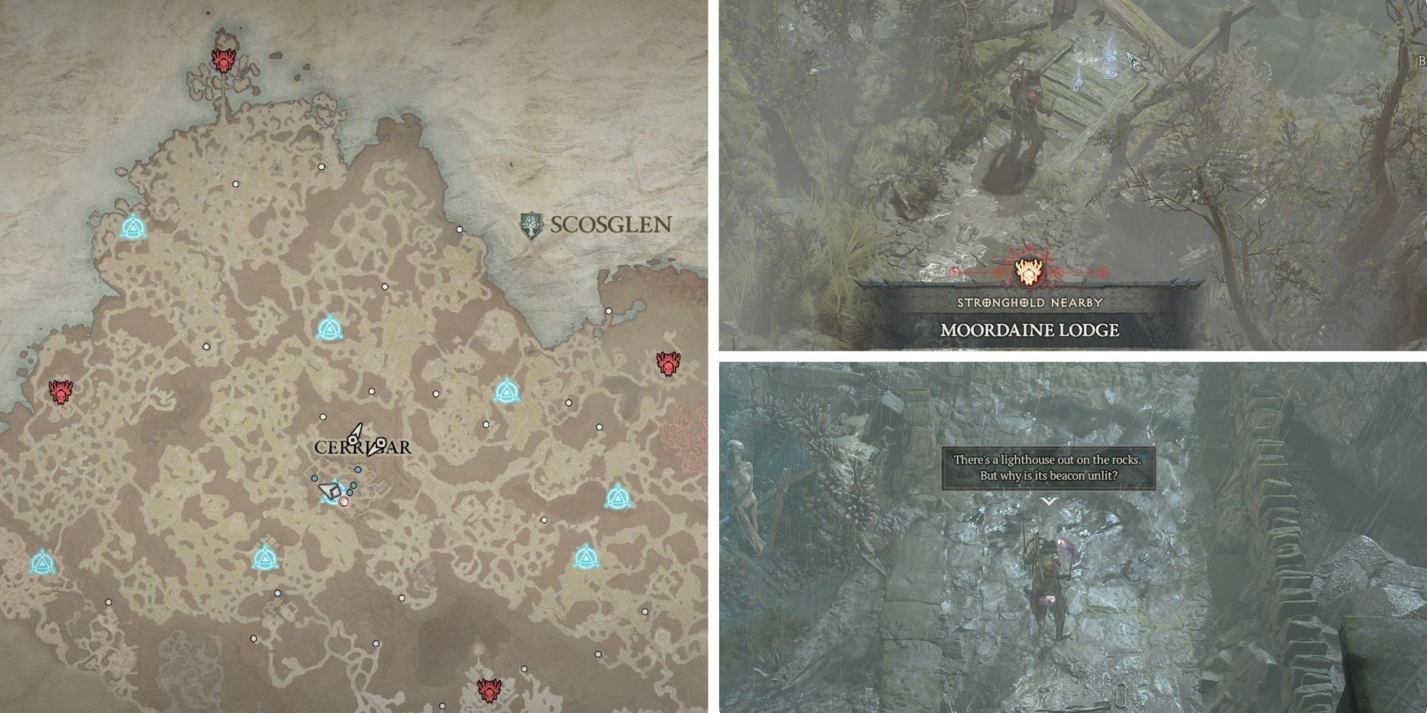 The player looks at the three Scosglen Stronghold Locations.