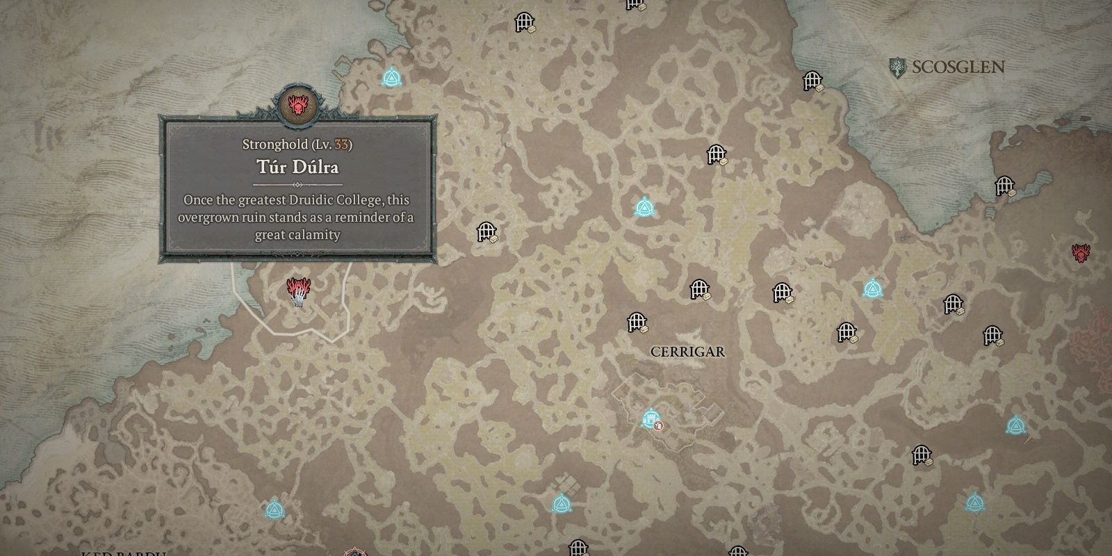 The player looks at the Diablo 4 Tur Dulra Stronghold Location