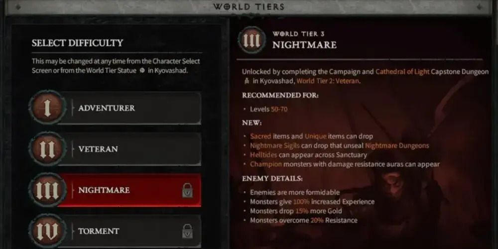 Diablo 4 world difficulty selection screen