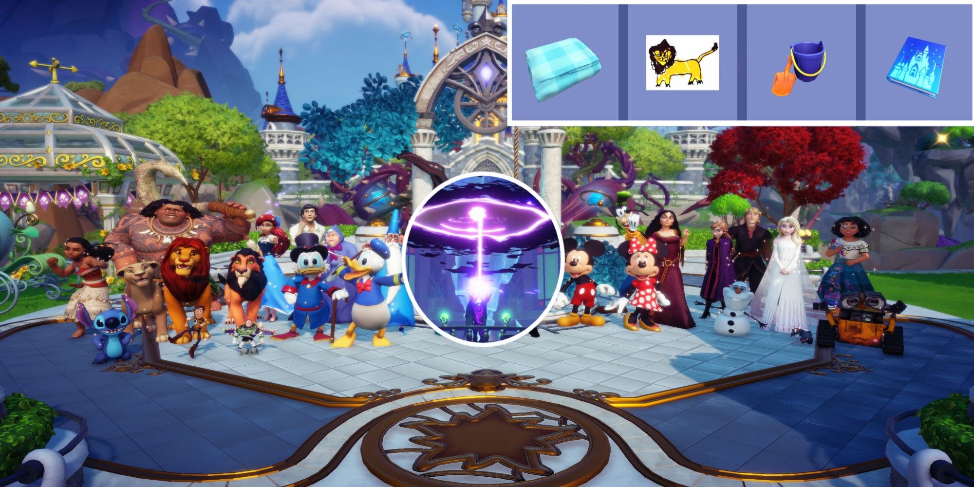 Disney Dreamlight Valley Split Image Forgotten Story End Credits Cutscene With Forgotten Relics And The Forgotten Using Dark Dream Magic At Sky