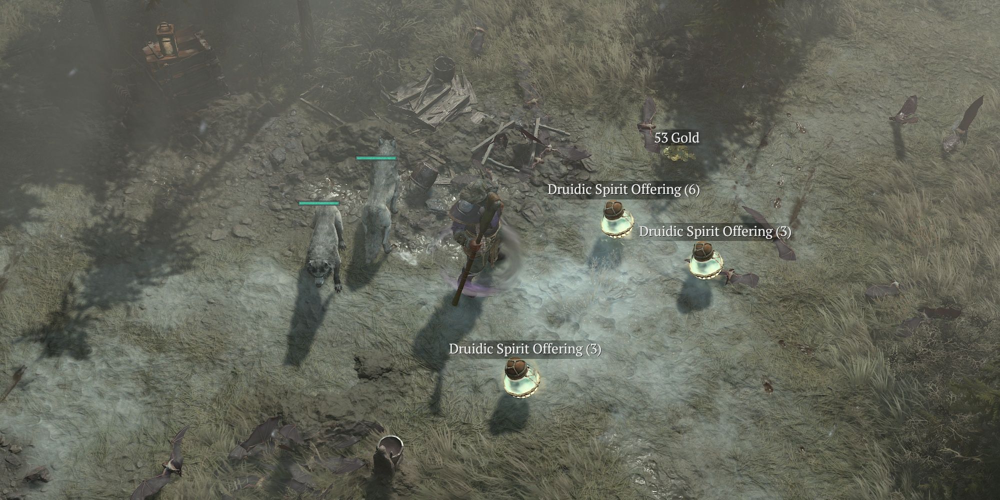 Diablo 4 a druid surveys several stacks of druidic spirit offerings in Fractured Peaks