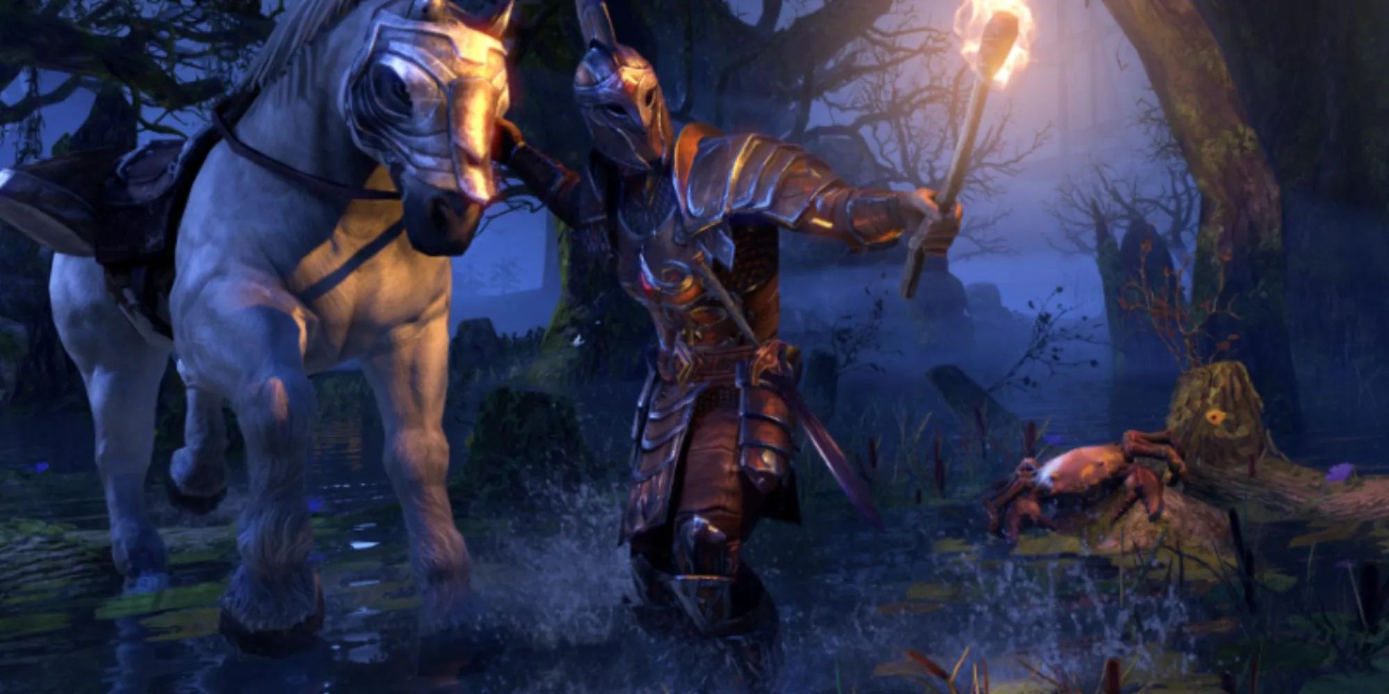 Elder Scrolls Online character with torch and horse