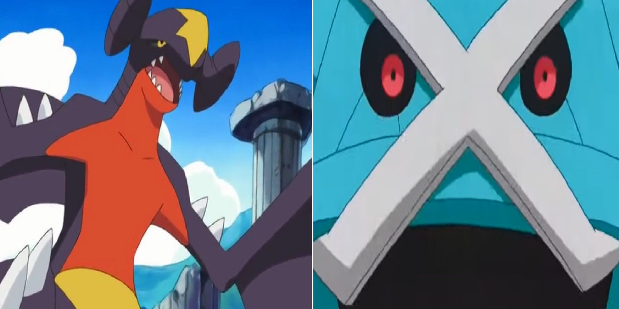 Pokemon anime split image Garchomp and Metagross in battle