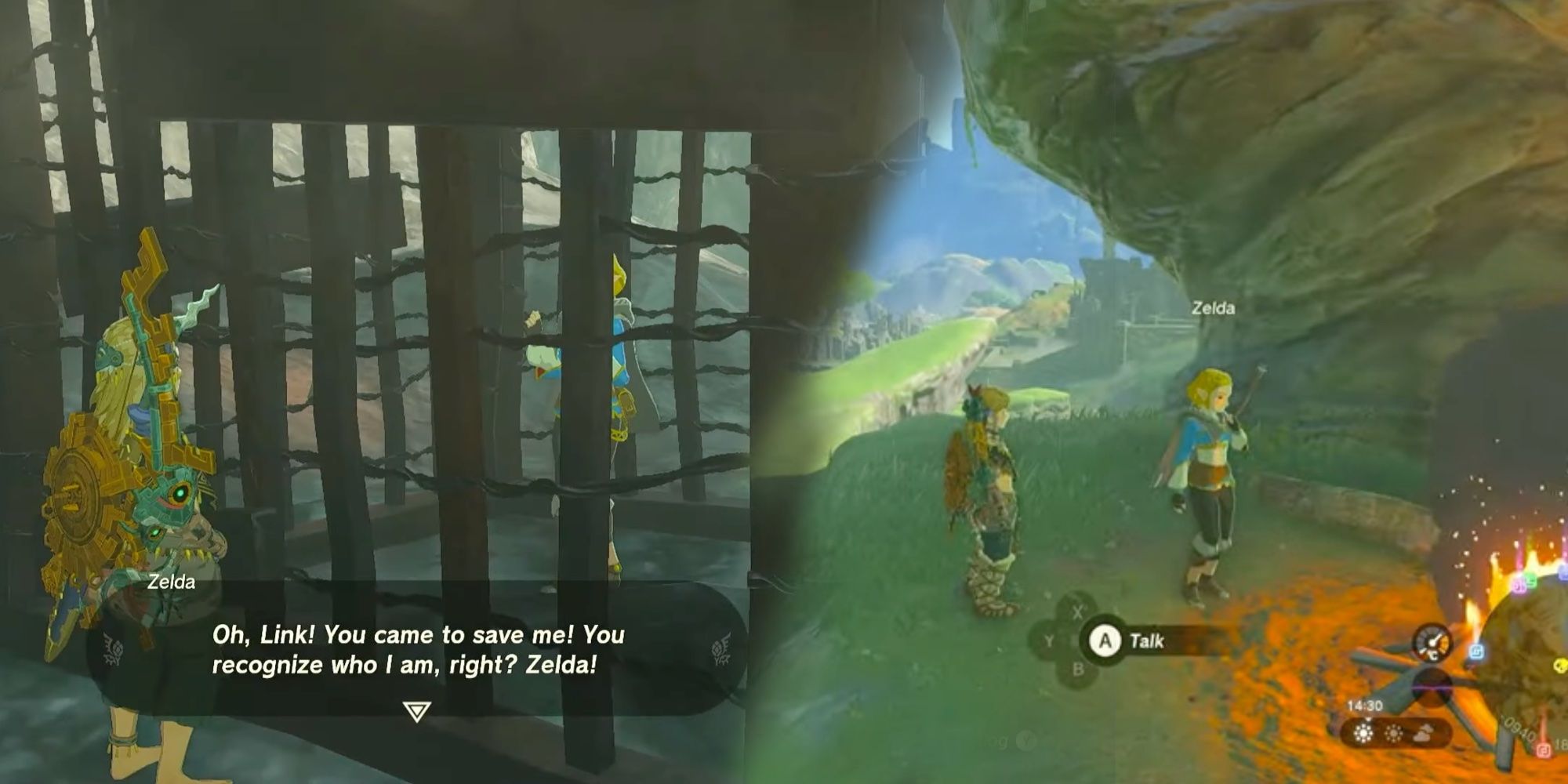 On the left fake Zelda pretending to be imprisoned in a cage, on the right a fake Zelda pretending to have amnesia