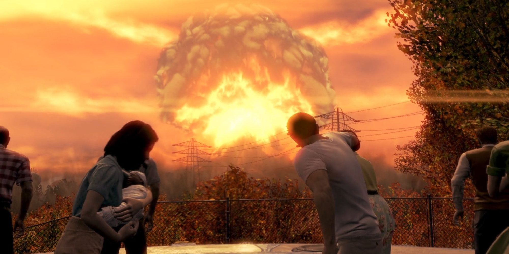 People watch a fiery mushroom cloud appear on the horizon during the Fallout 4 Opening