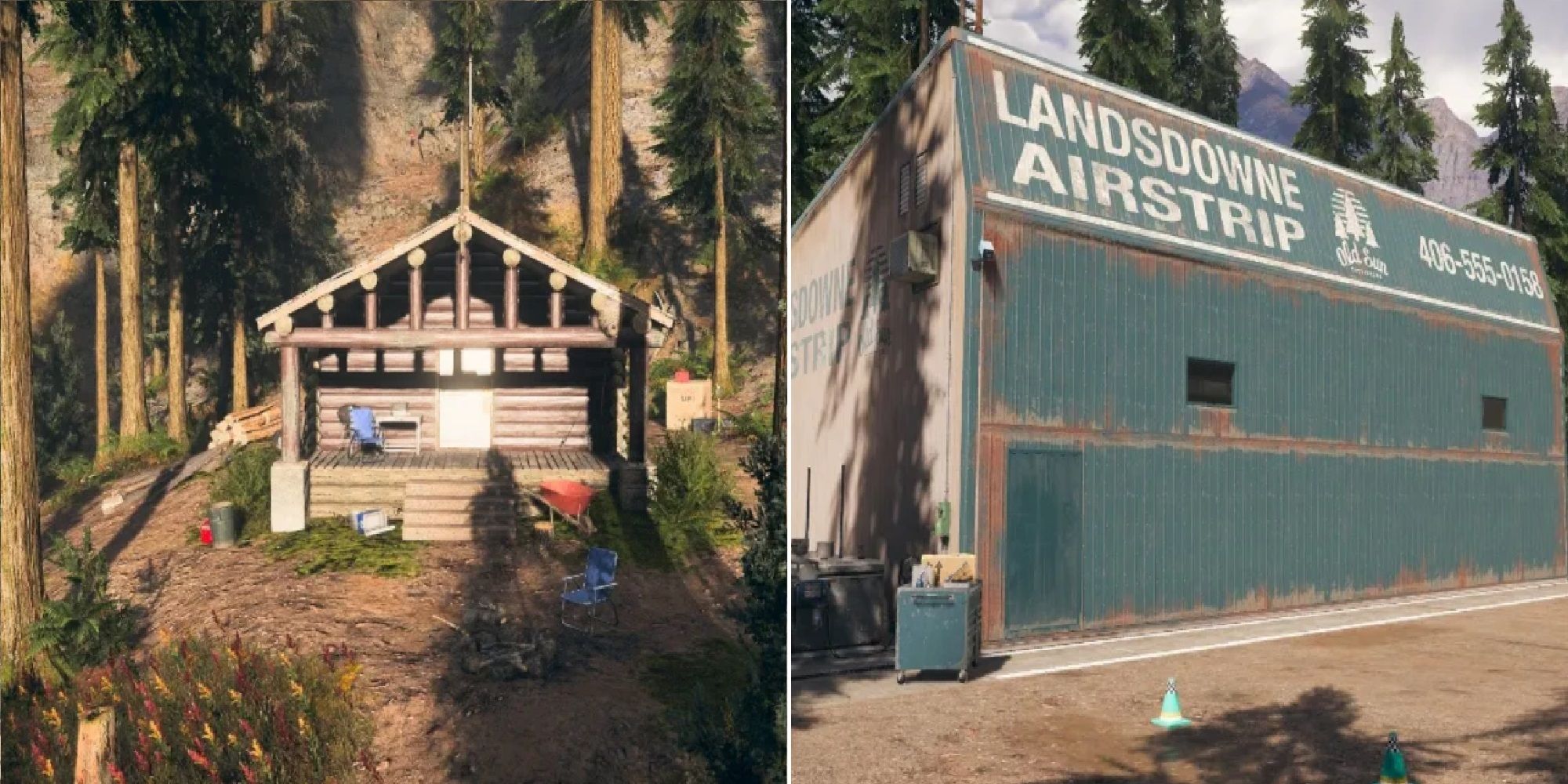 Far Cry 5 split image wooden house in woodland and Landsdowne Airstrip building