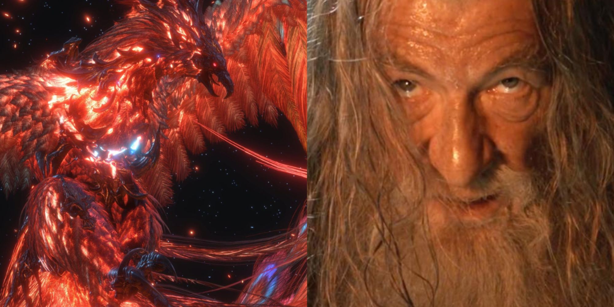 Split image of the Phoenix in mid air from Final Fantasy 16 and and Gandalf looking up over his brown in The Lord of the Rings: The Two Towers