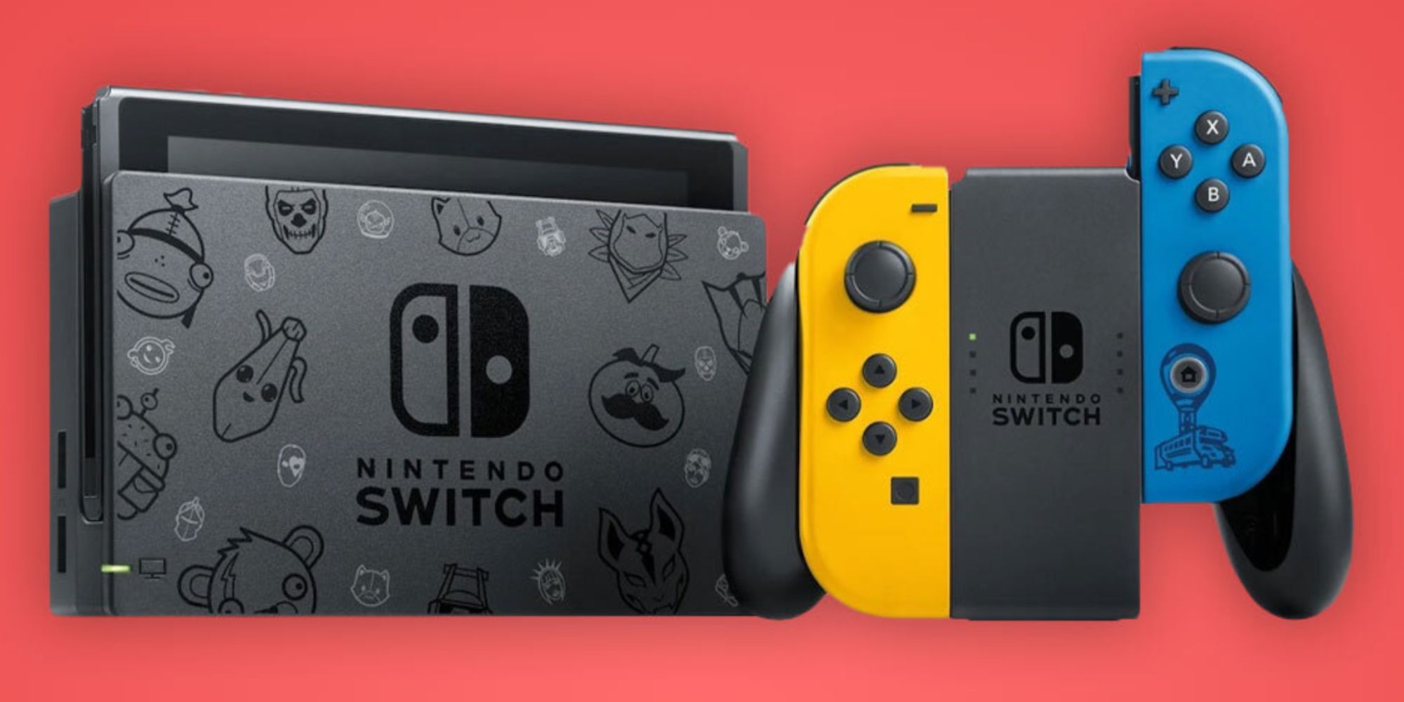A black Nintendo Switch dock on a red background with blue and yellow Joy-Cons for Fortnite