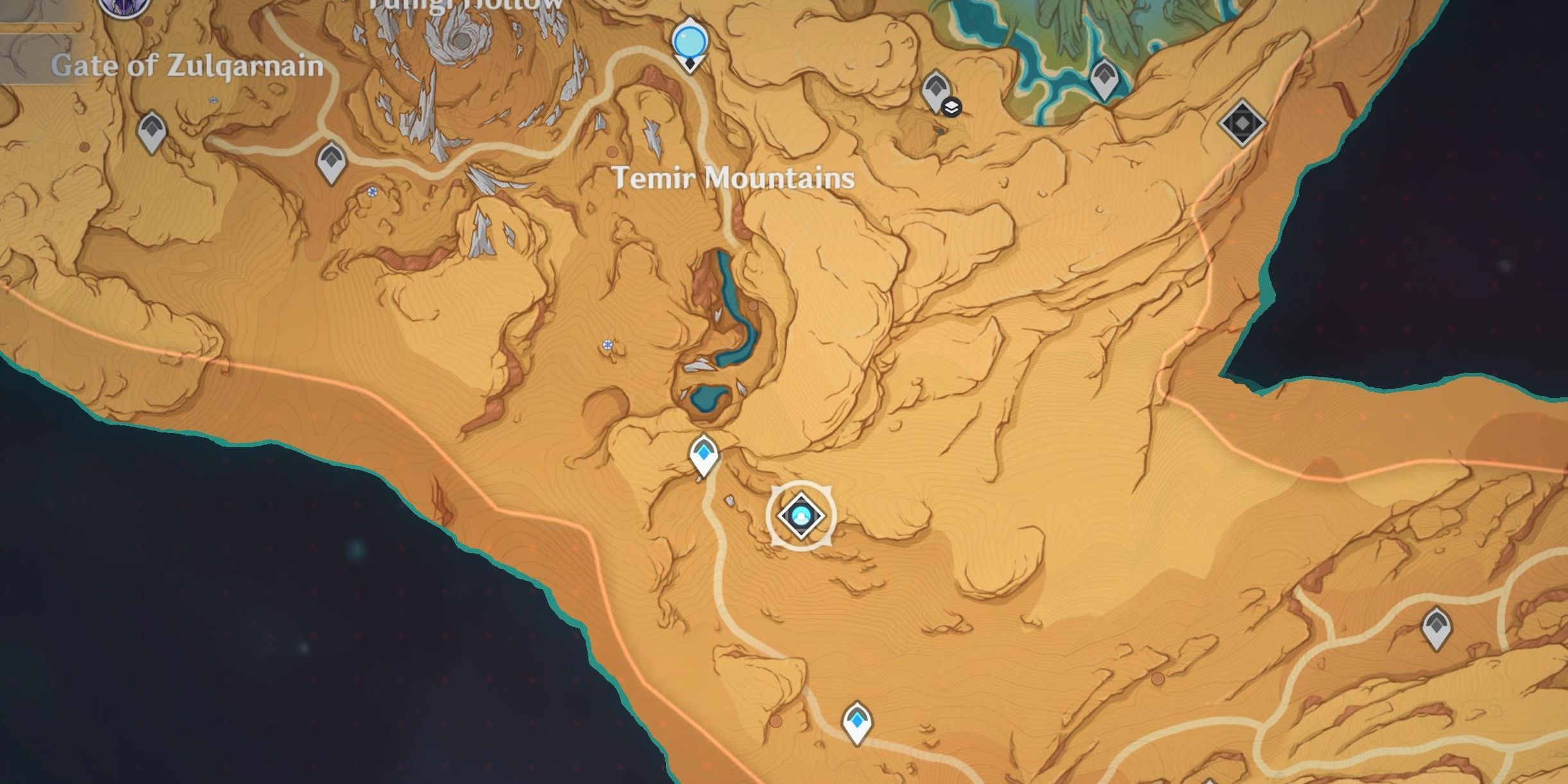 Genshin Impact Map of Temir Mountains Showing Location of Molten Iron Fortress