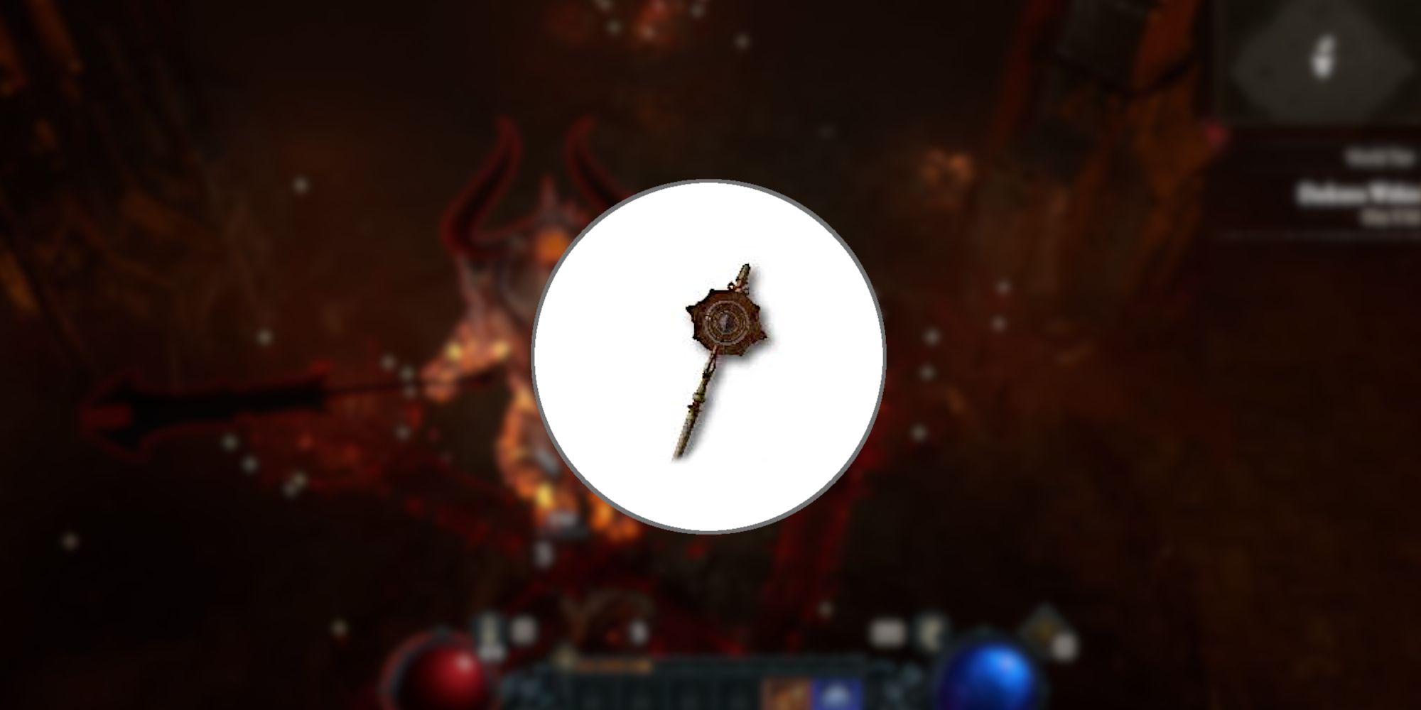 Image of the Glorious Staff in the foreground from Diablo 4.