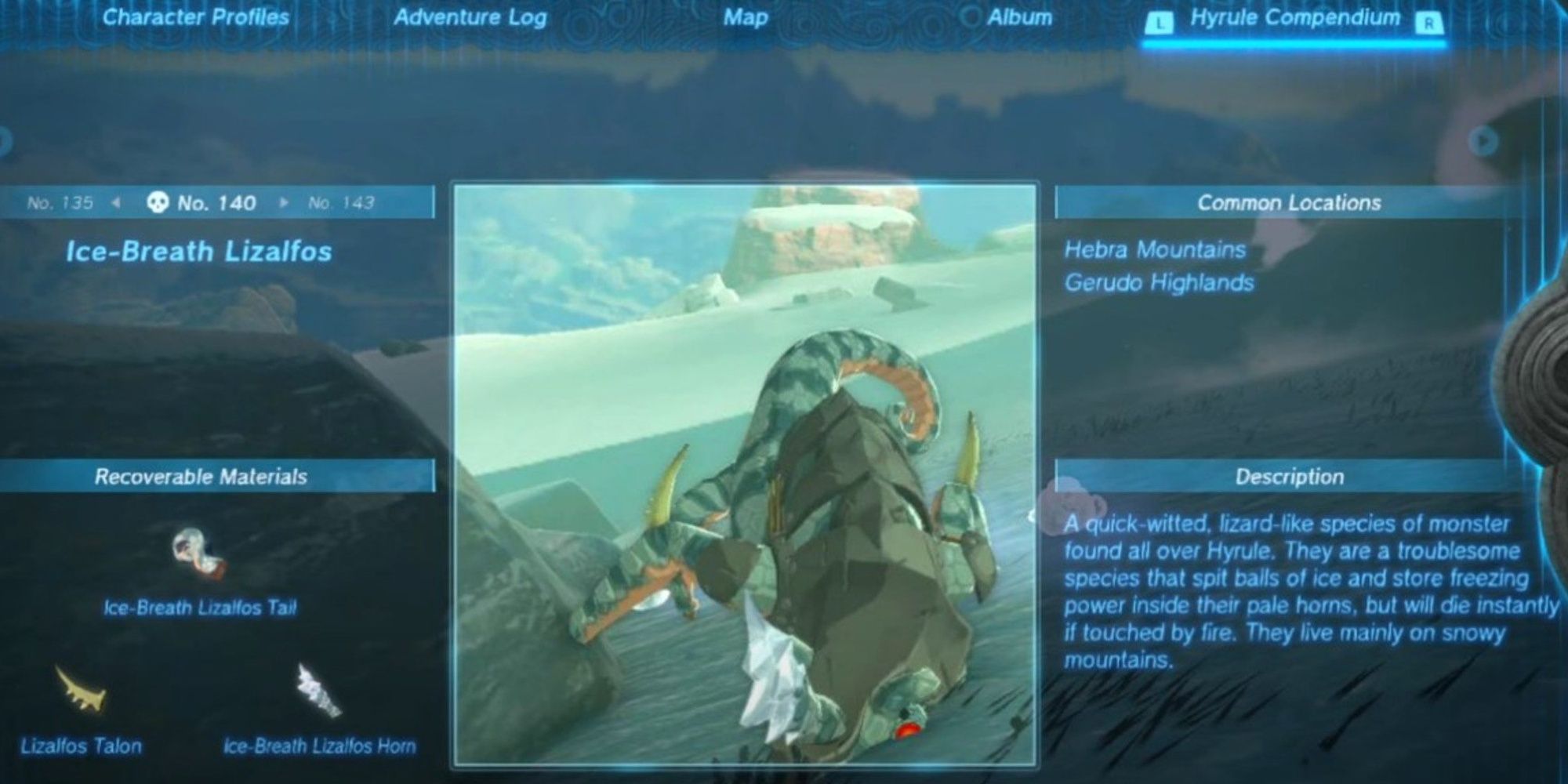 The character in The Legend Of Zelda: Tears Of The Kingdom is showing an Ice-breath Lizalfos as well as the items you can get from it.