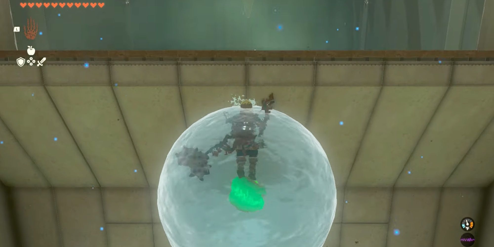 Link flying using a floating water orb at the Igoshon shrine