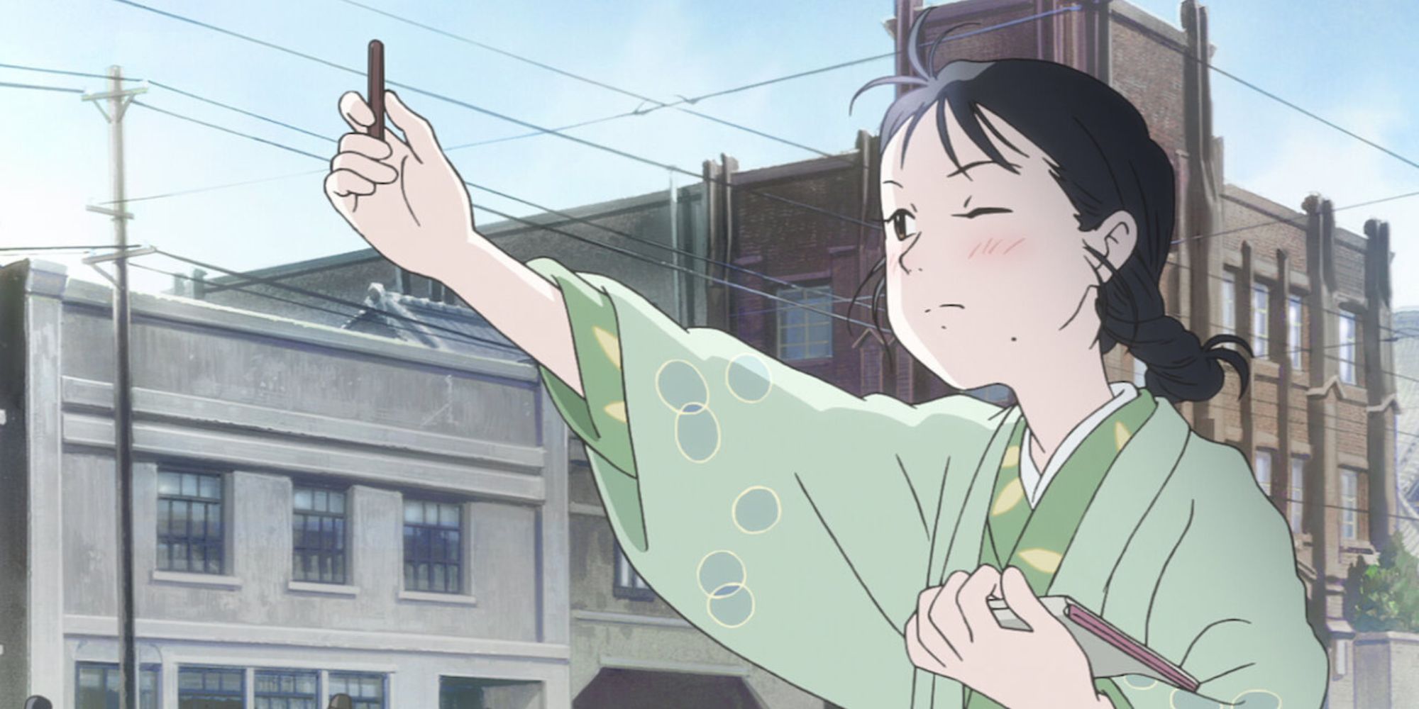 In This Corner Of The World character holding item up in street