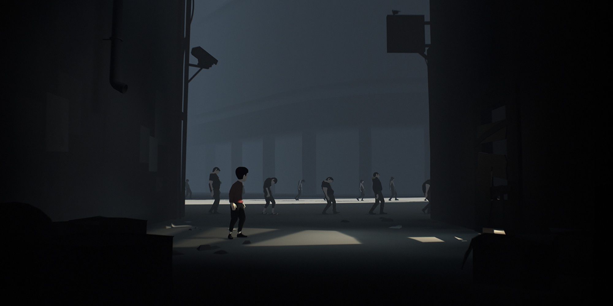 Player hiding in the dark looking at mind-controlled people marching 