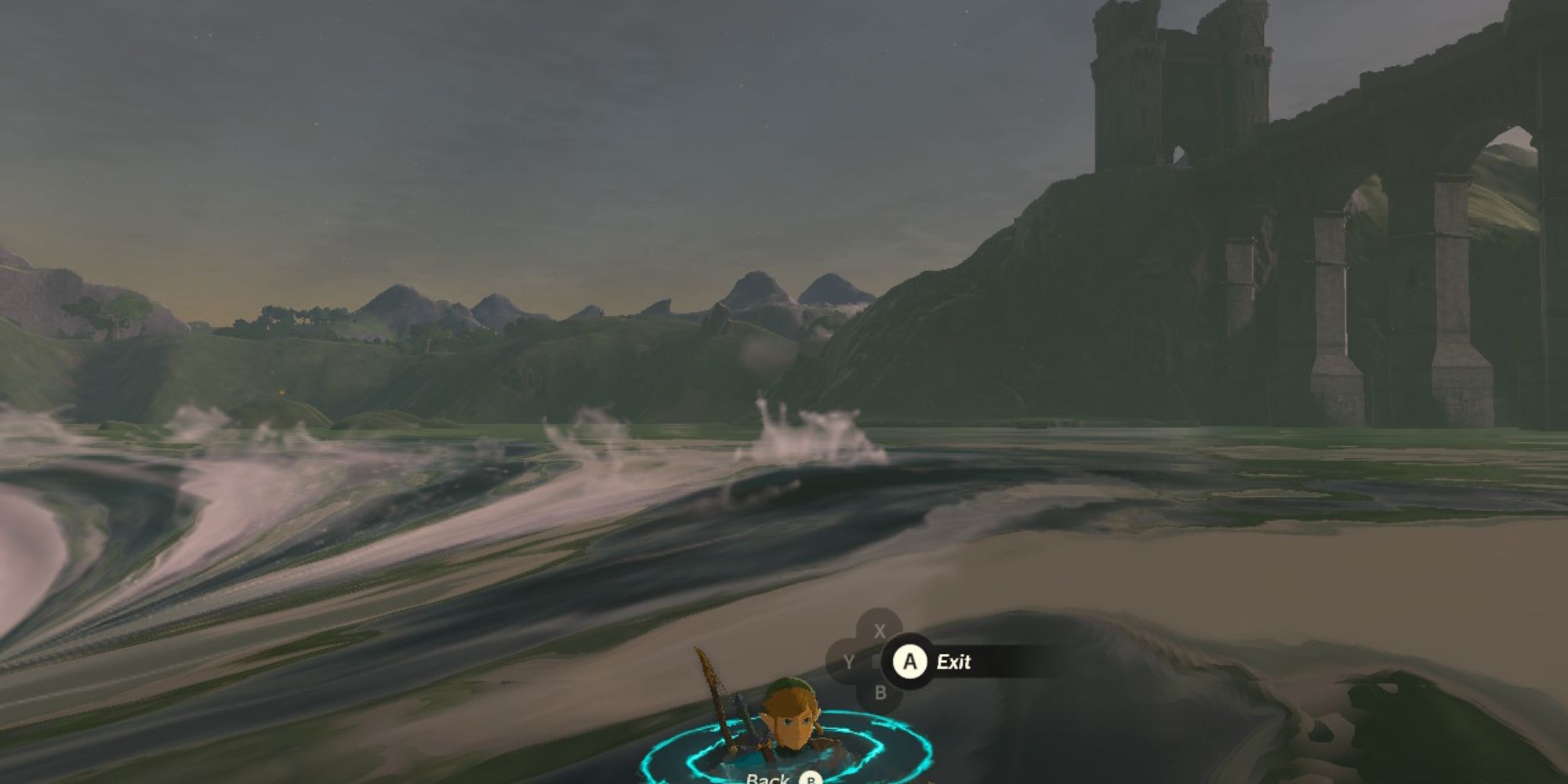 Link swimming next to the whirlpool in lake Hylia