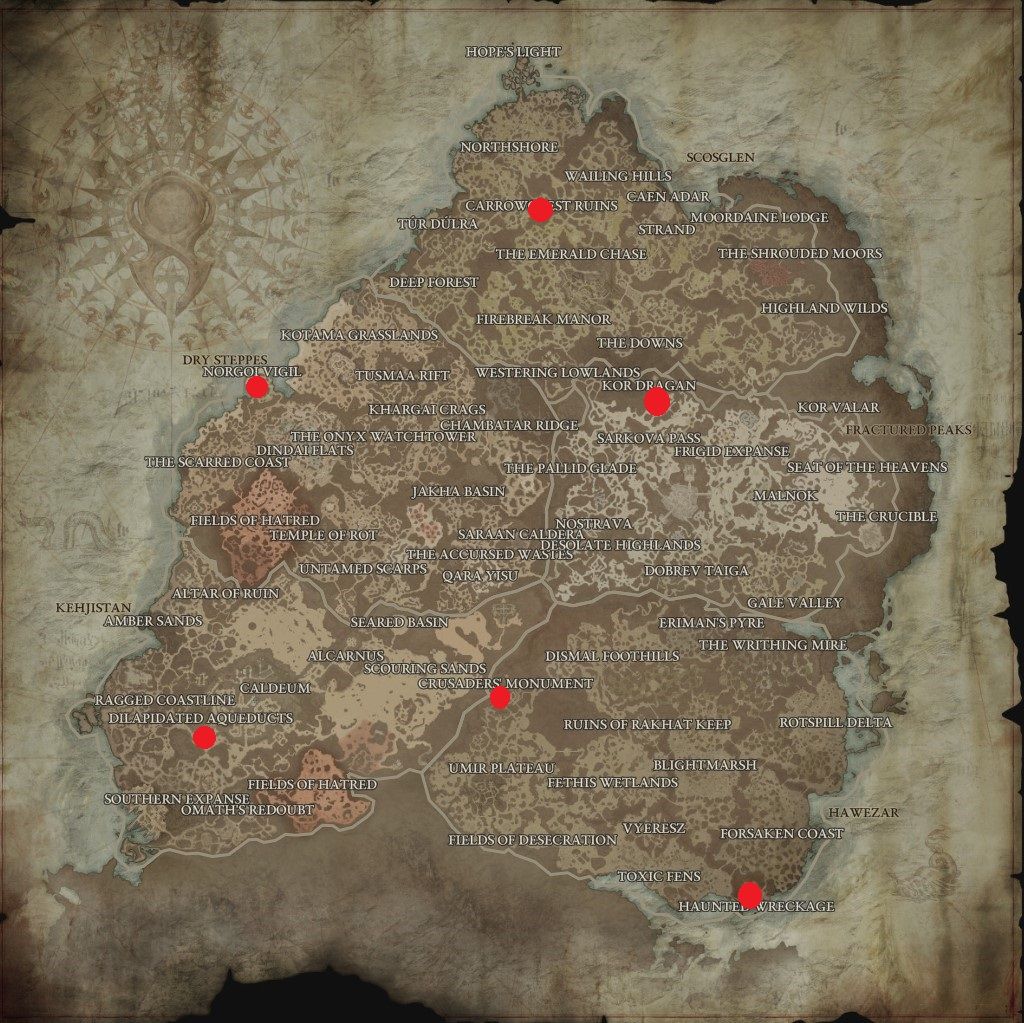 Legion Gathering Event locations marked on a map of Sanctuary
