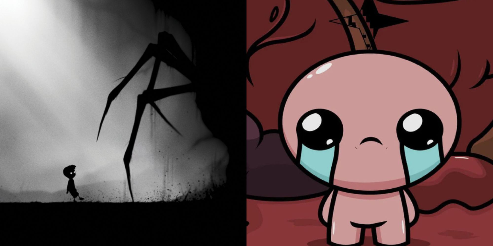 Split image of a boy looking up at spider legs in Limbo and a pink animated figure crying in The Binding of Isaac