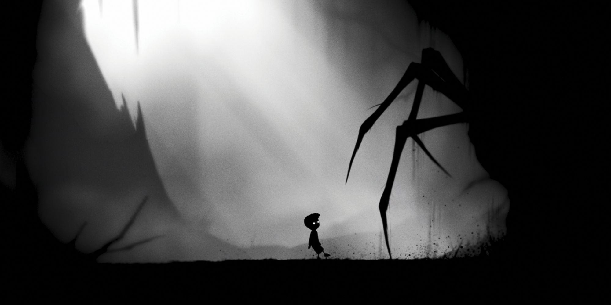 The silhouette of a boy looks up to towering spider legs in Limbo