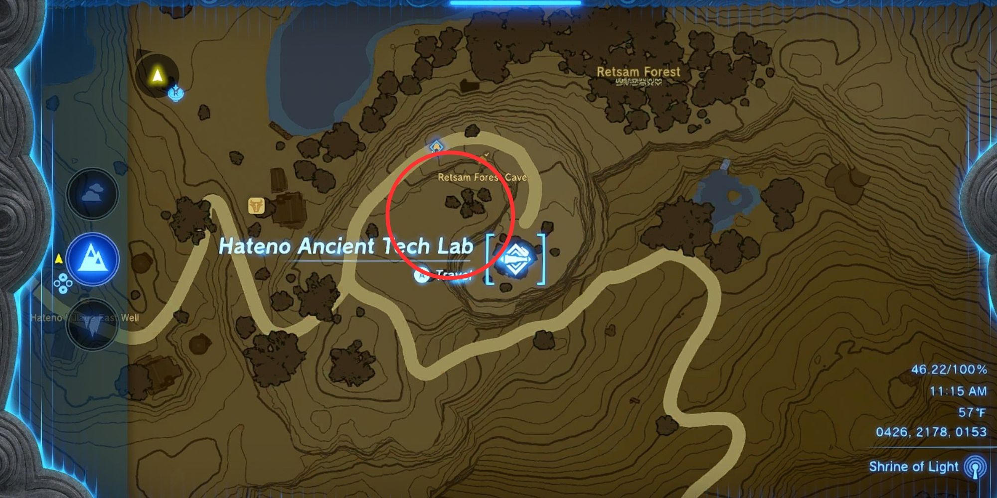 screenshot van de kaart met de nadruk op hylian rijstteeltplekken nabij Hateno Ancient Tech Lab totk
