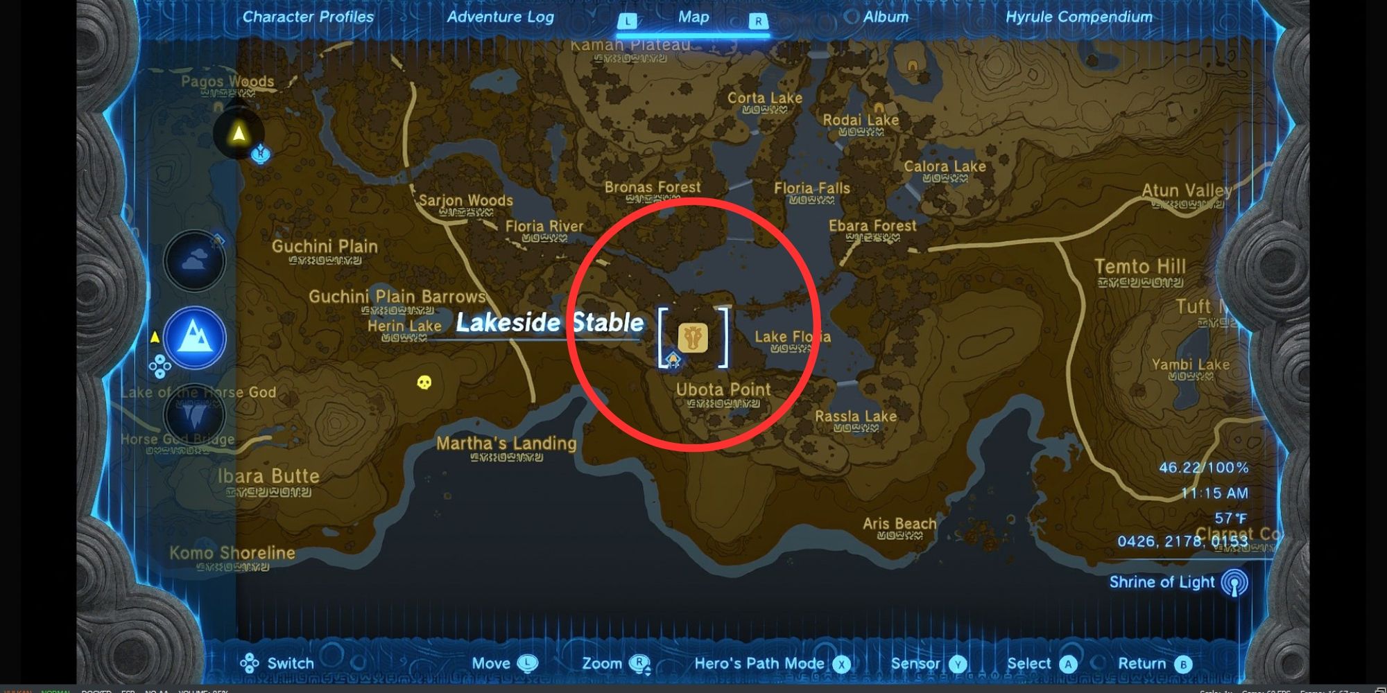 screenshot van de kaart met de nadruk op hylian rijstteeltplekken nabij Lakeside stable totk