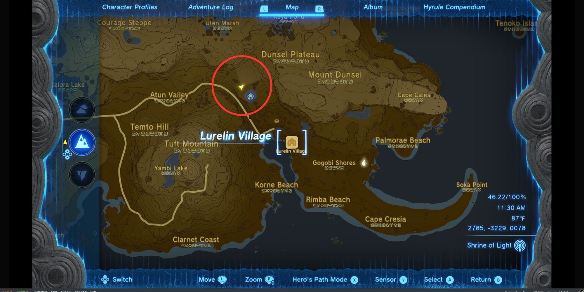 screenshot van de kaart met de nadruk op hylian rijstteeltplekken nabij Lurelin Villageotk