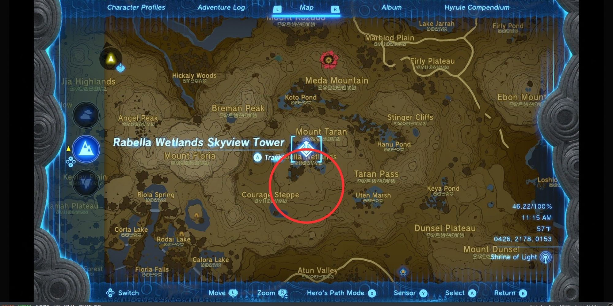 screenshot van de kaart met de nadruk op hylian rijstteeltplekken nabij Rabella Wetlands skyview Tower totk