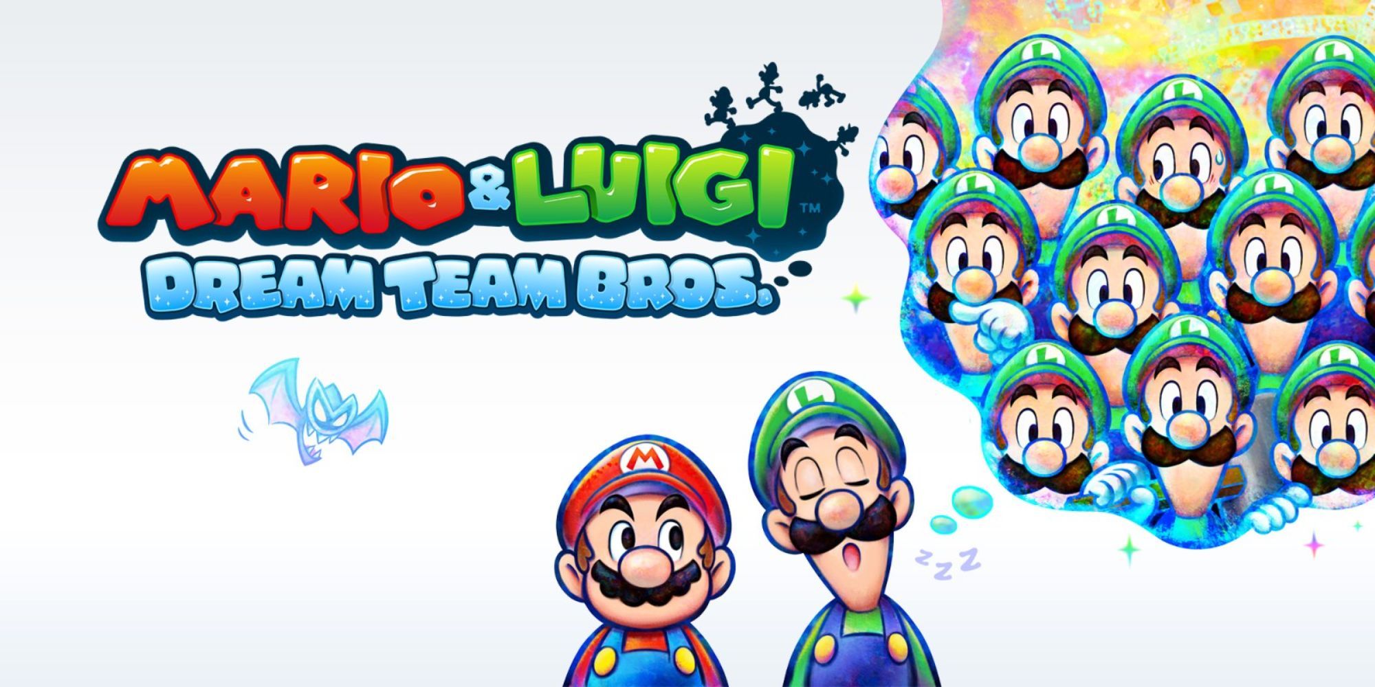 Mario looks at a sleeping Luigi and dreams of other versions of himself in Dream Team promo art