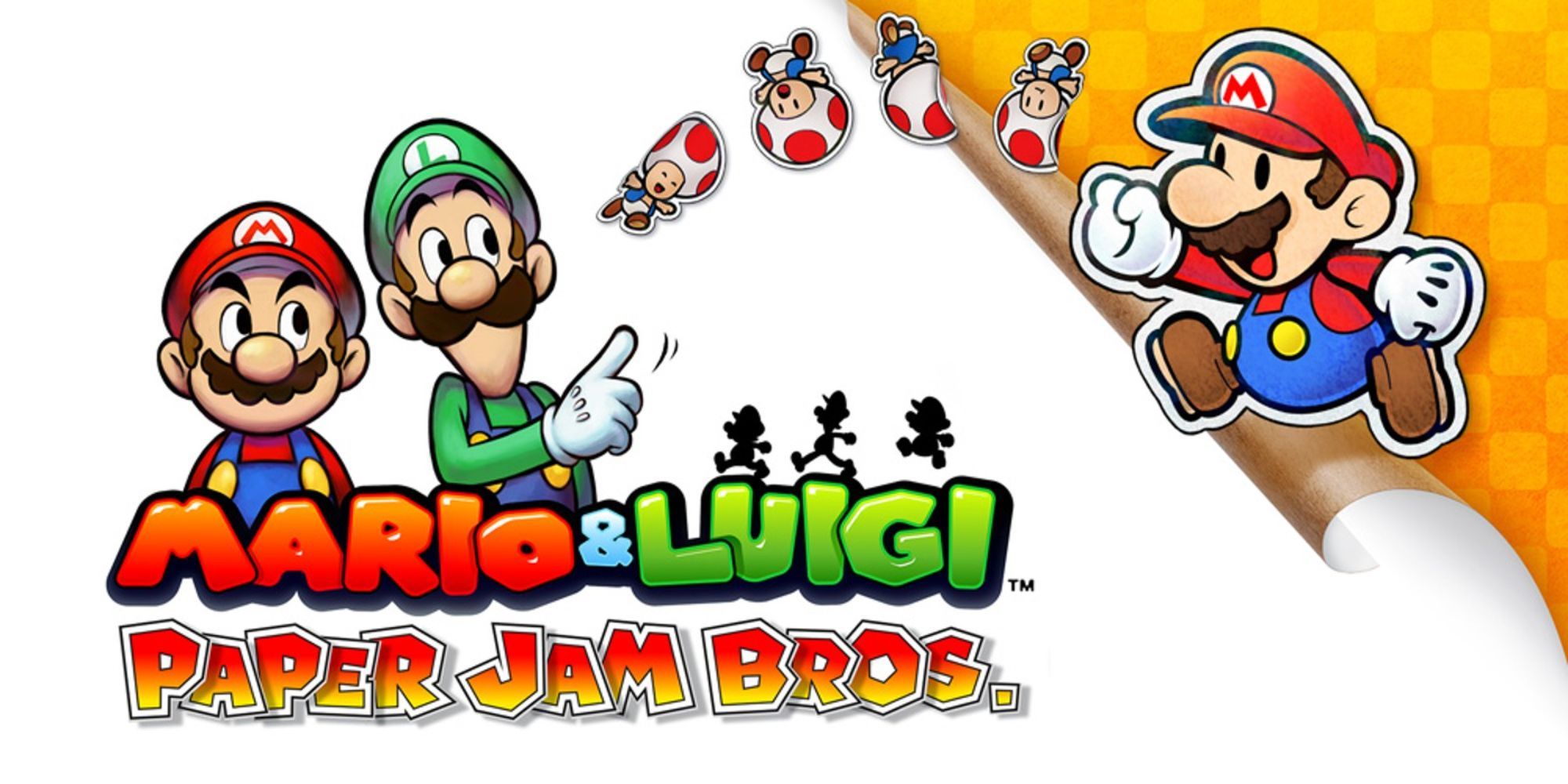 Mario stands next to Luigi pointing at several frogs in promotional art for Mario & Luigi Paper Jam
