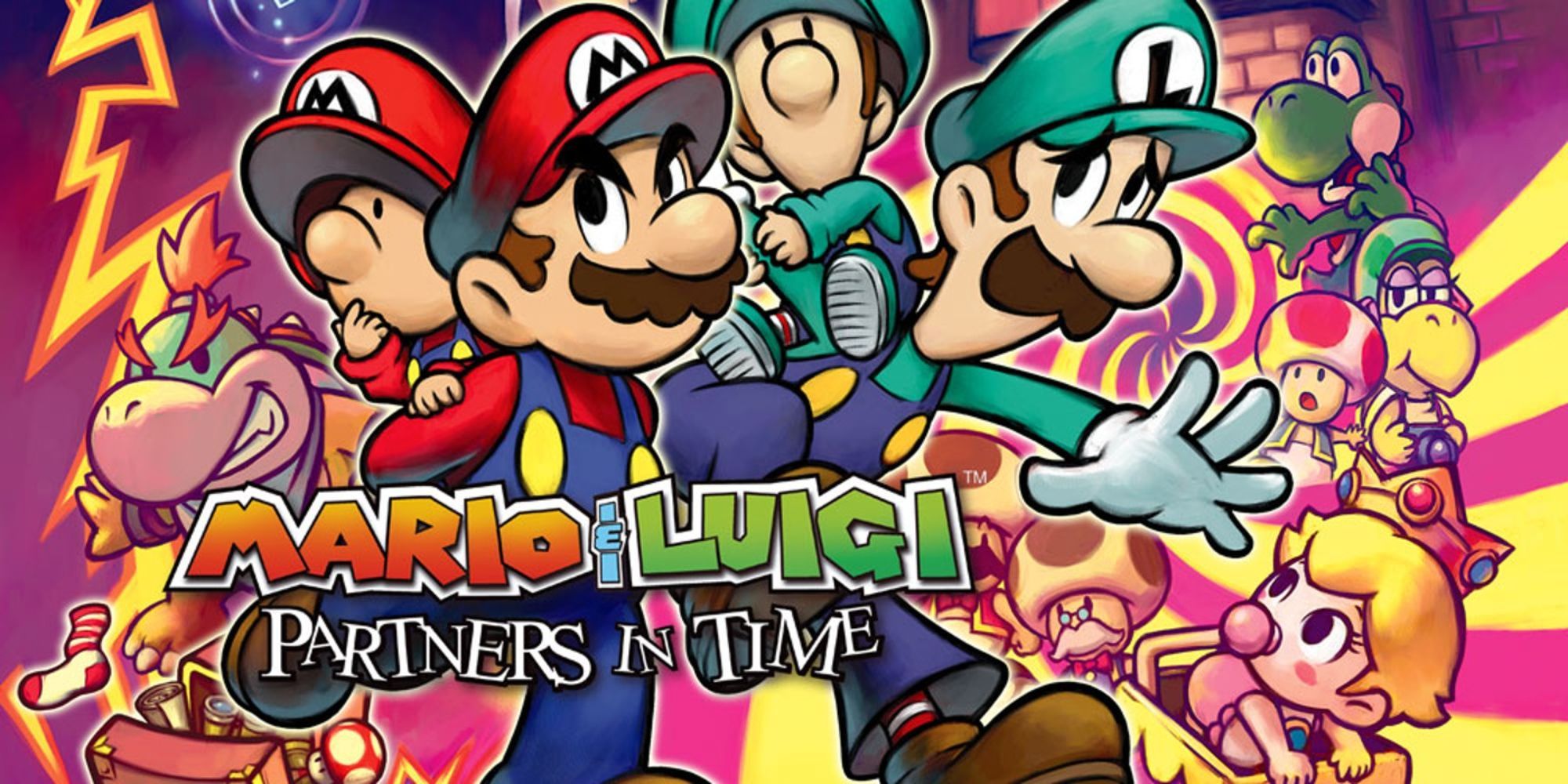 Mario frowns next to a frightened Luigi in front of the children's version in Partners in Time promotional art