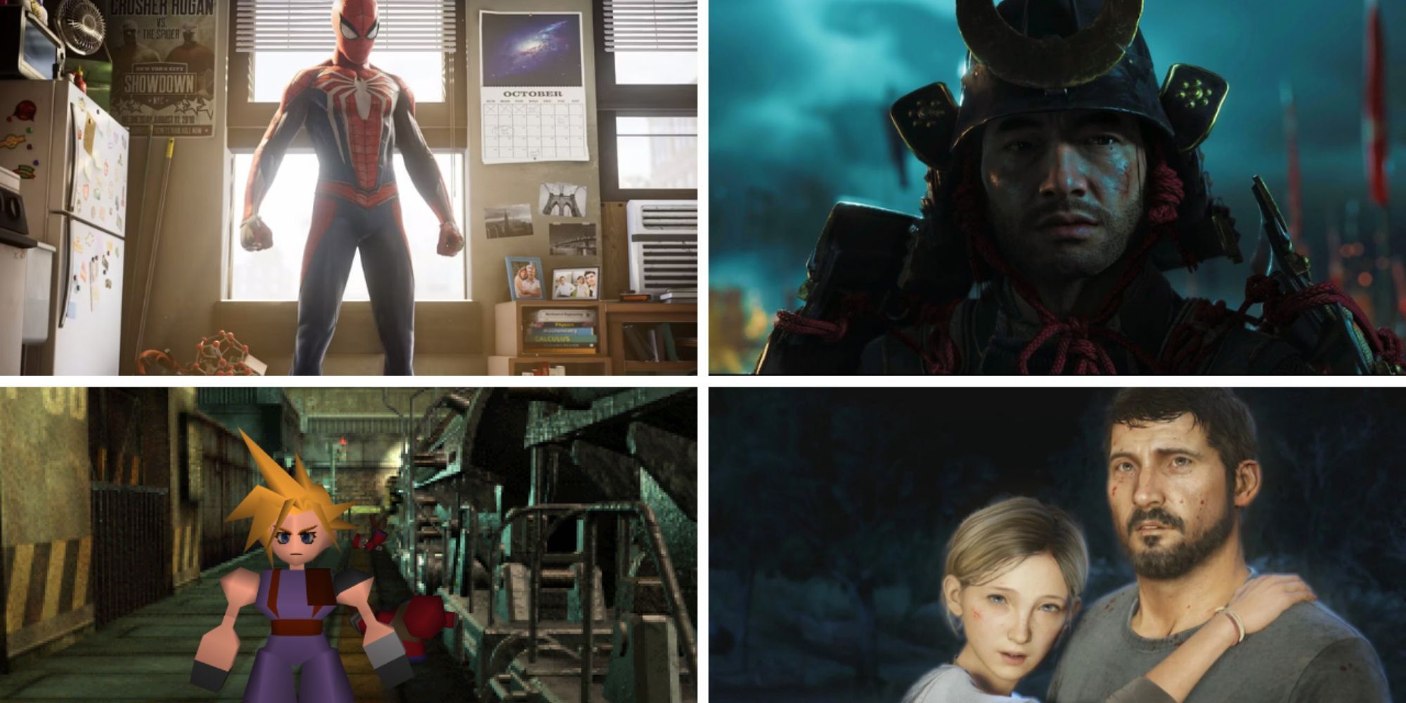 Split image of Spider-Man in front of a window in Marvel's Spider-Man, Jin Sakai wearing samurai armor in  Ghost of Tsushima, Joel carrying Sarah in The Last of Us, and Cloud standing next to a train in Final Fantasy 7