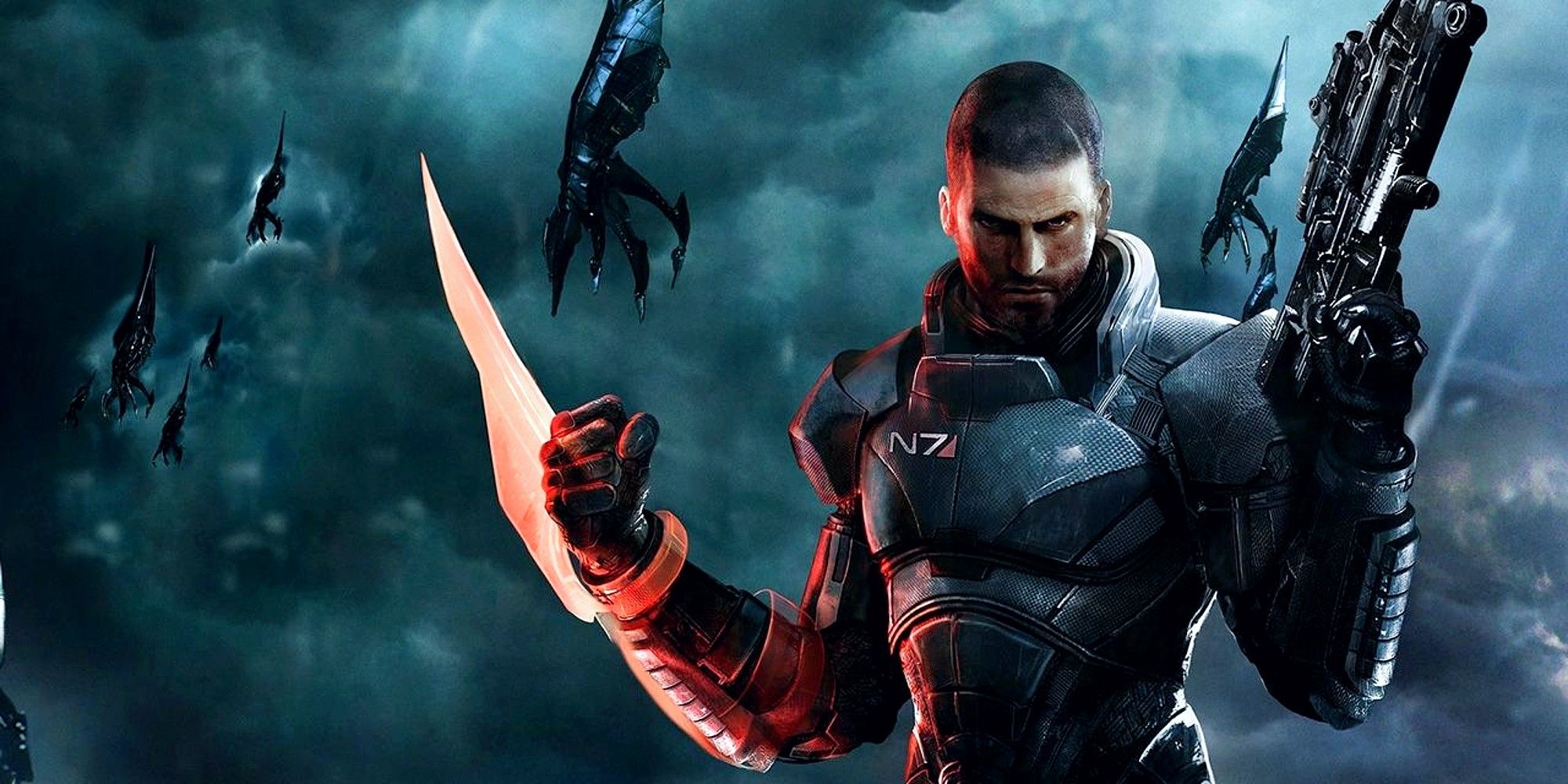 Mass Effect 3 Male Shepard With An Omni-Blade With Reaper Invasion In The Background