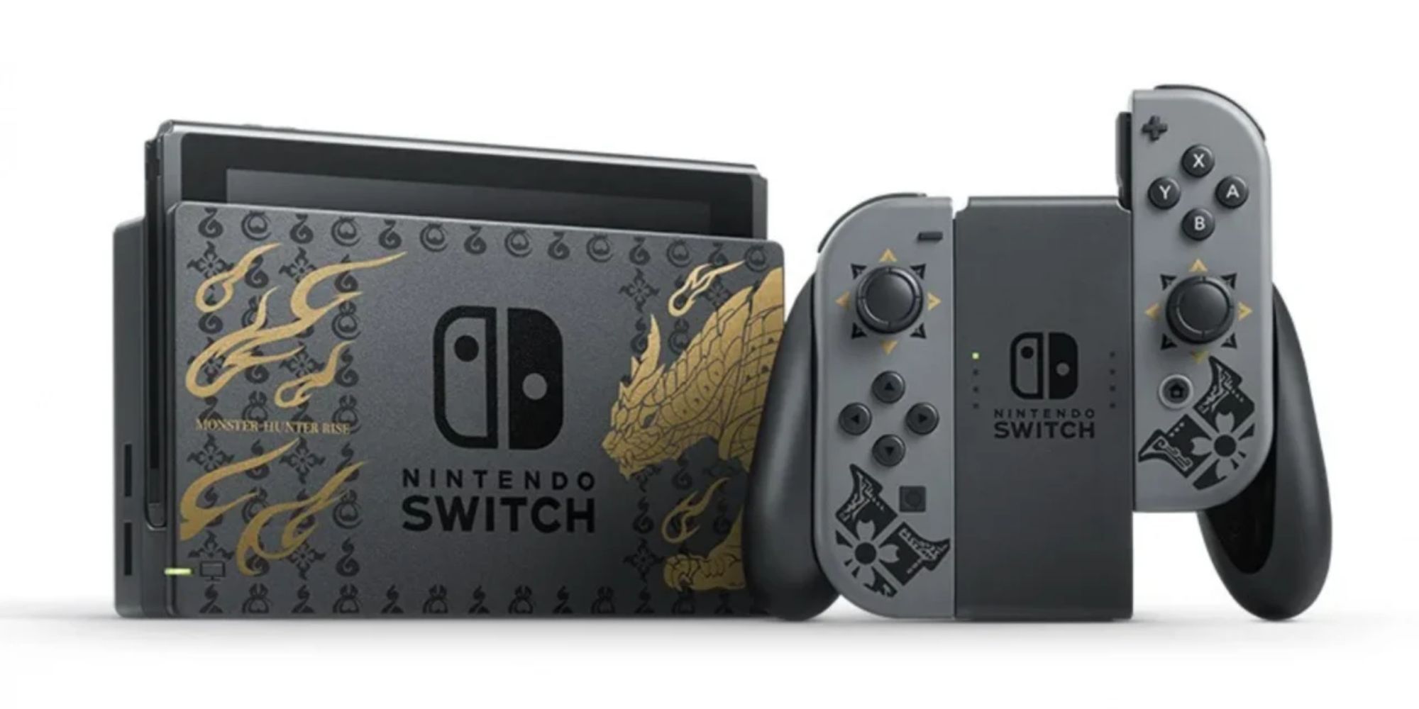 A Nintendo Switch console with gold and black designs on a white back ground for Monster Hunter Rise