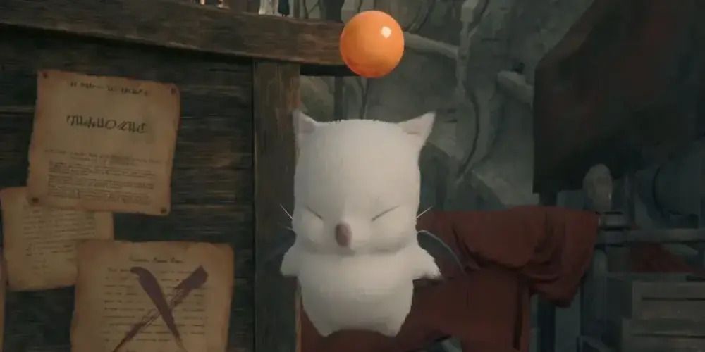 A Moogle hovering in front of the Hunt Board from Final Fantasy 16