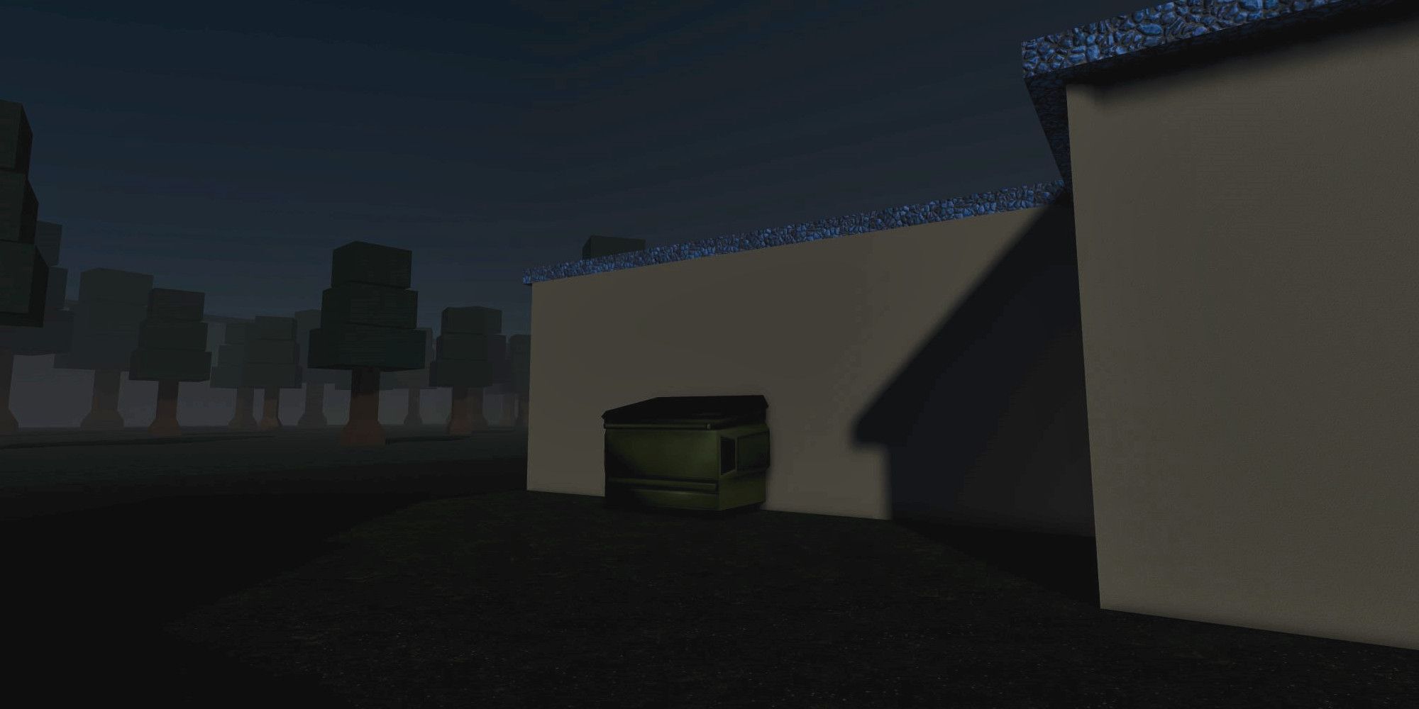 A dumpster next to the fast food restaurant in Roblox The Night Shift Experience.