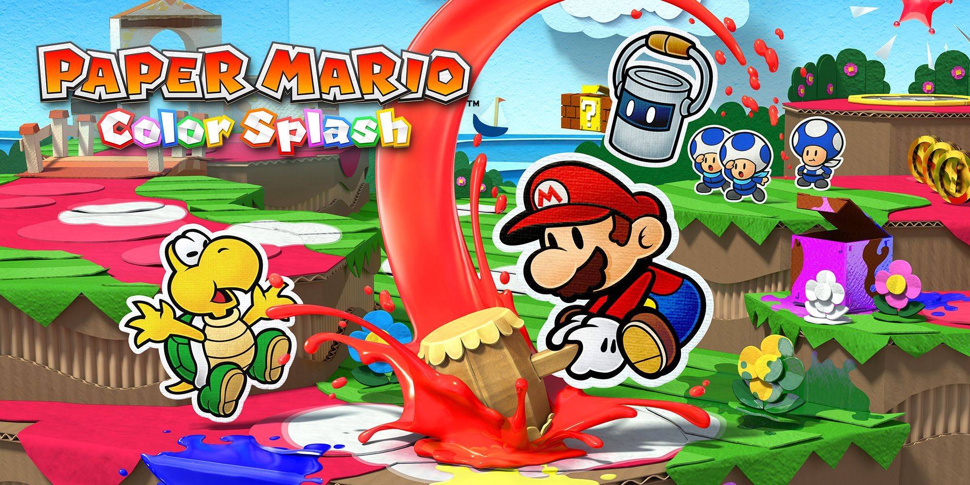 Mario hits red paint with a hammer on Koopa in promotional art for Paper Mario Color Splash