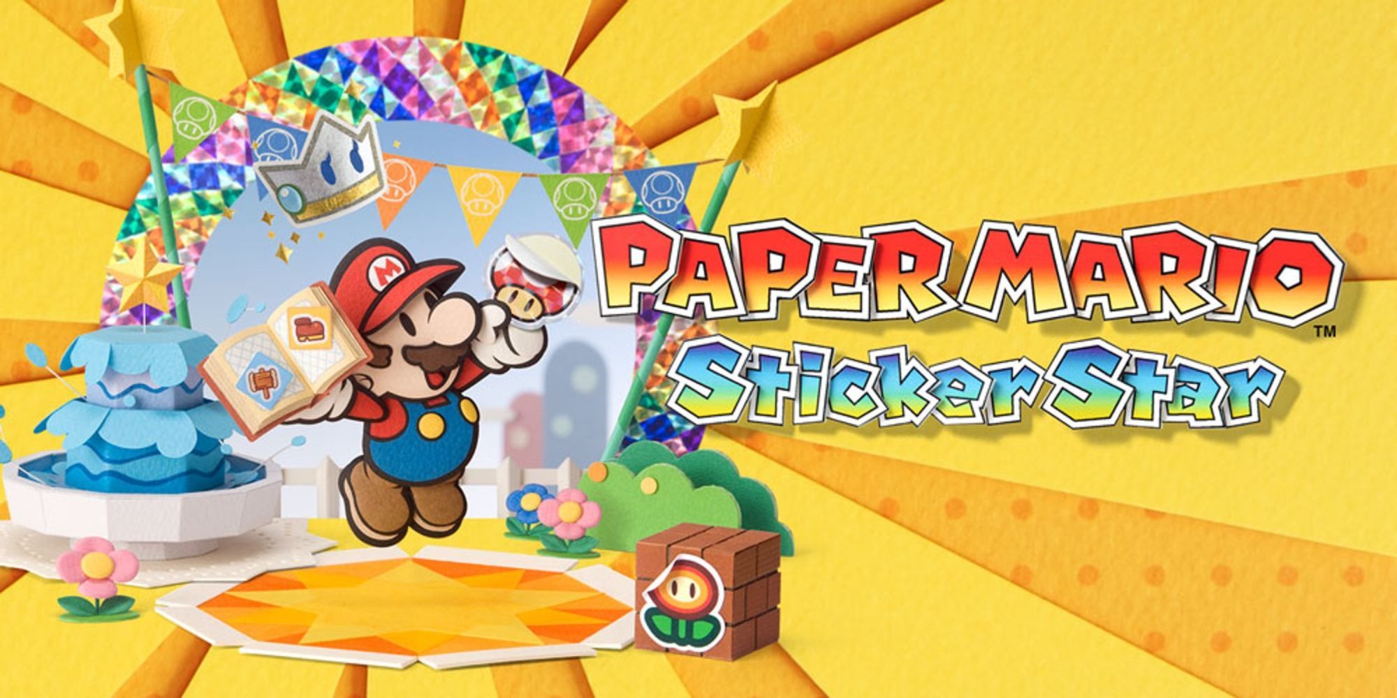 Mario stands in the center of the rainbow holding a Toad sticker and book in Paper Mario Sticker Star promotional art