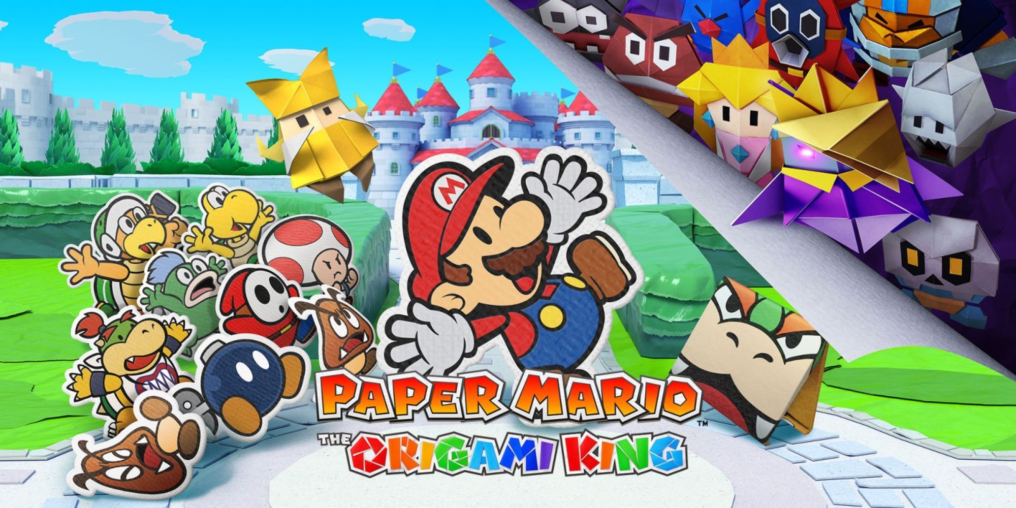Paper Mario in front of a castle with arms spread in promotional art for Paper Mario The Origami King