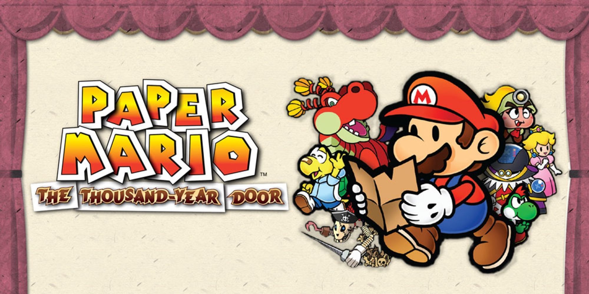 Mario reading a piece of paper with characters behind him in promotional art for Paper Mario The Thousand Year Door
