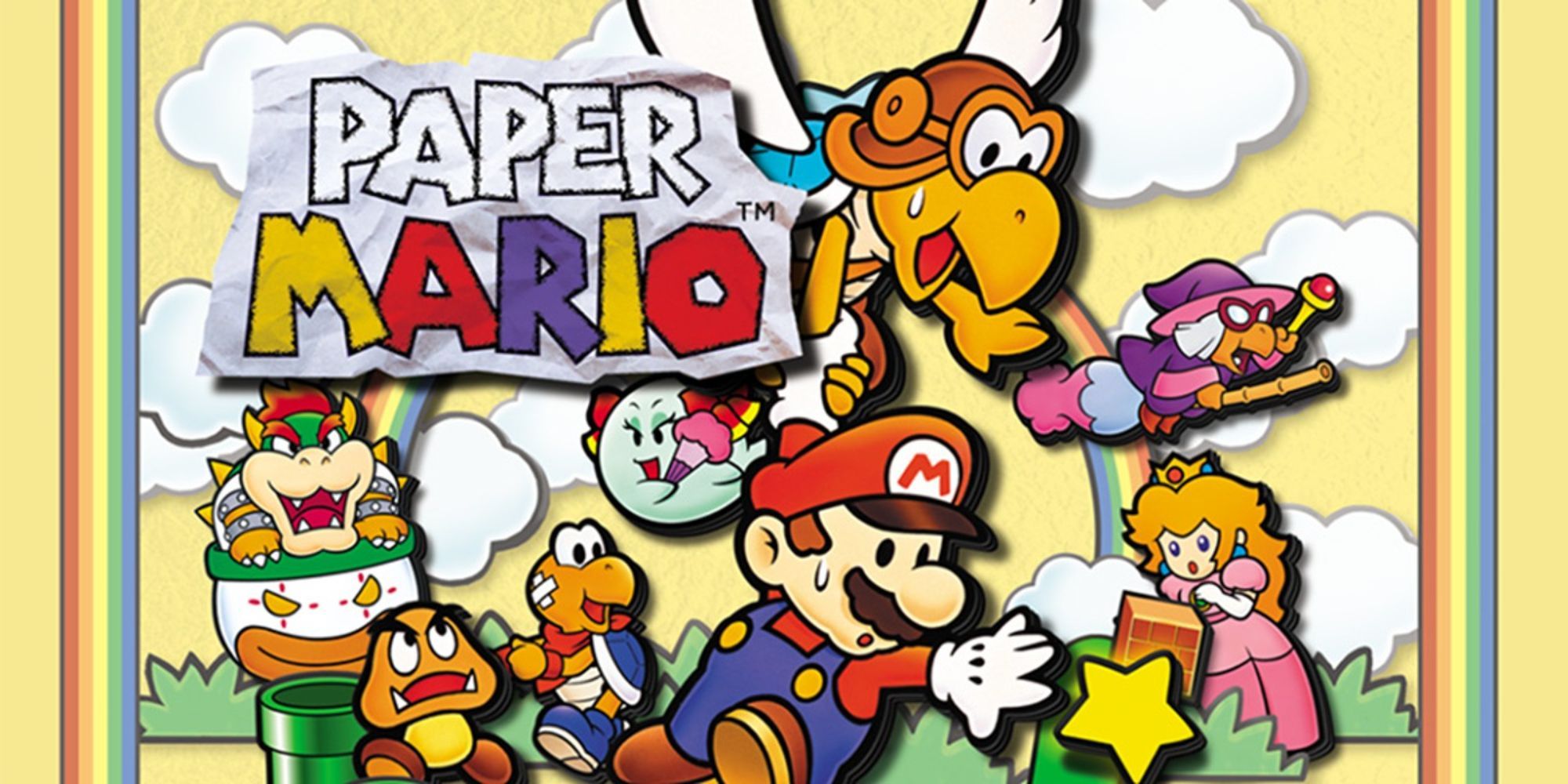 Mario holding onto Koopa in promotional art for Paper Mario