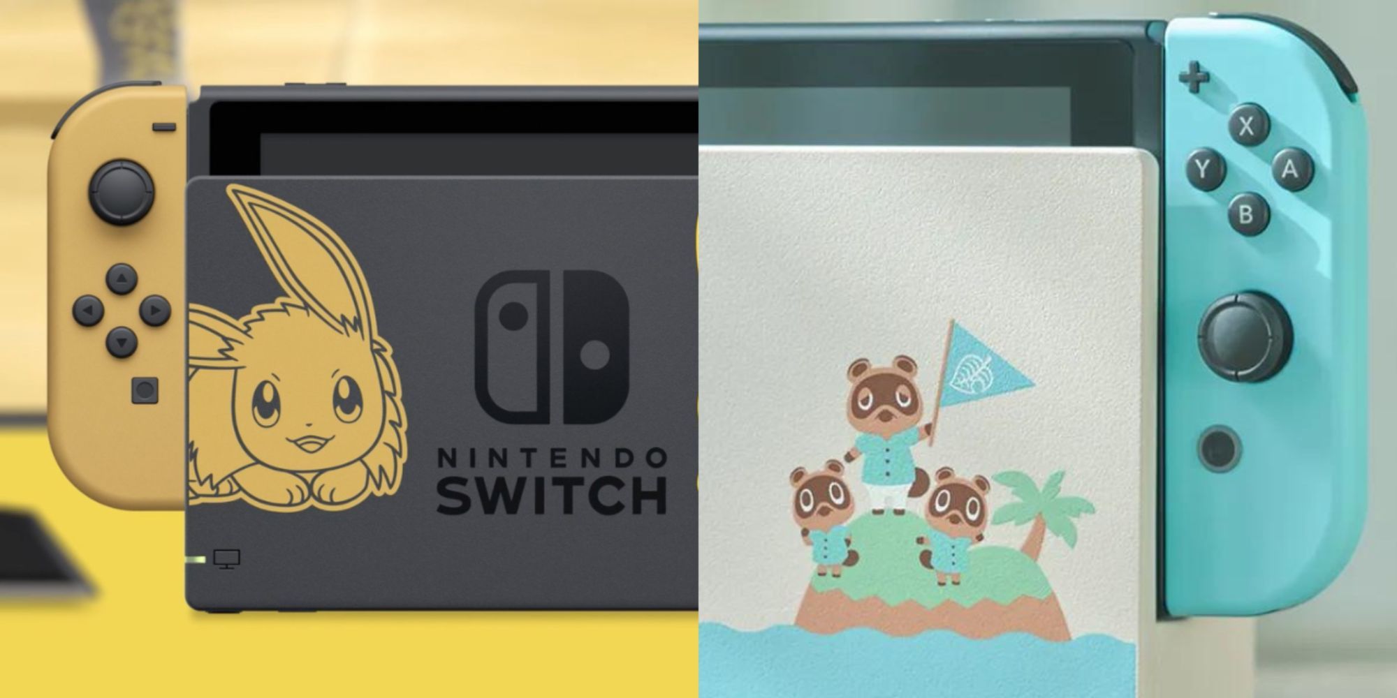 Split image Pokemon Let's Go Nintendo Switch with Eevee and Animal Crossing New Horizons Nintendo Switch with Tom Nook, Timmy, and Tommy
