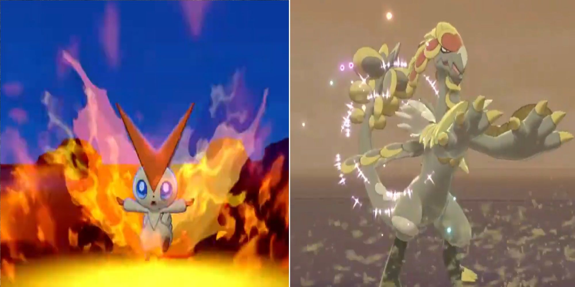 Pokemon split image Victini using V-Create and Kommo-o using Clangorous Scales