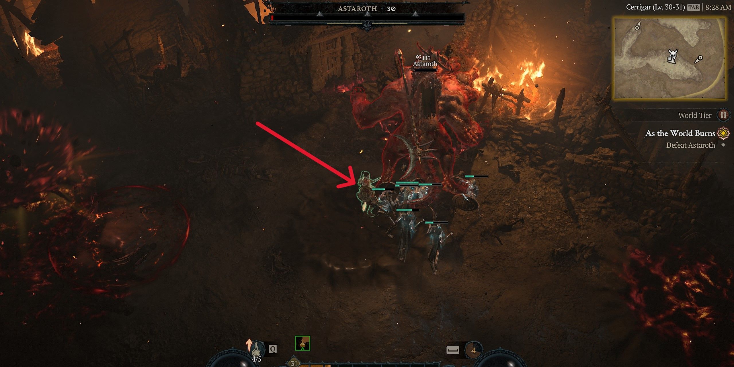 a screenshot from Diablo 4's Astaroth fight showing the player character attacking from behind